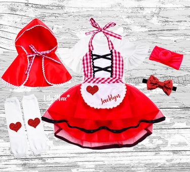 Little Red Riding Hood Costume Romper: Halloween Dress & Cape Leg Warmers / 6-12 months