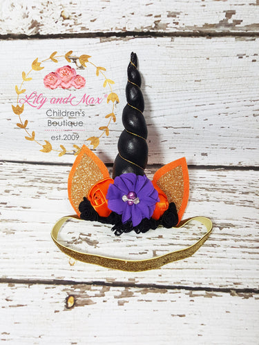 Halloween Unicorn Headband: Glitter Elastic, Jeweled Flowers