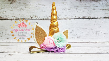 Gold Glitter Unicorn Headband: Pastel Flower Party Headband