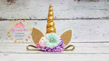Gold Glitter Unicorn Headband: Pastel Flower Party Headband