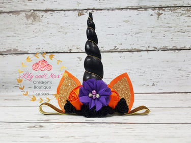 Halloween Unicorn Headband: Glitter Elastic, Jeweled Flowers