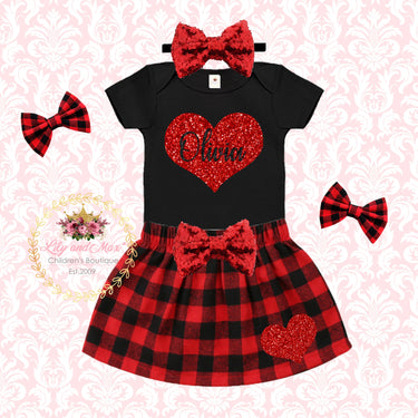 Girls Valentine's Outfit: Plaid Skirt Set with Glitter Heart