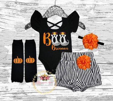 Baby Girls' First Halloween Outfit: Ghost Boo Leotard & Striped Shorts