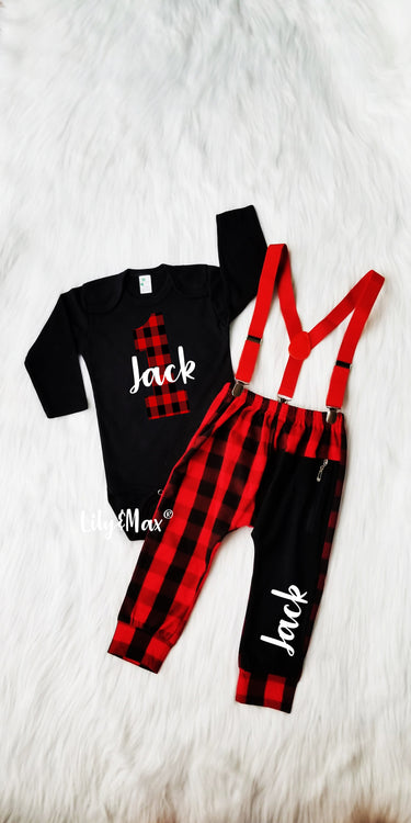 Personalized Lumberjack 1st Birthday Outfit: Buffalo Plaid Suspenders