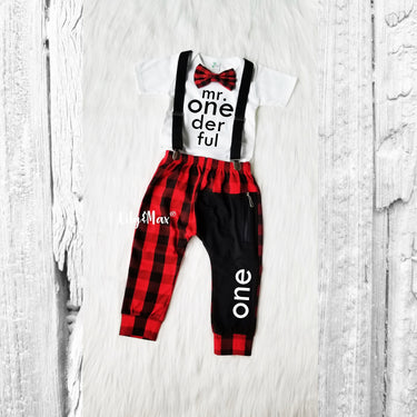 Lumberjack 1st Birthday Outfit: Buffalo Plaid Suspenders Pant Set