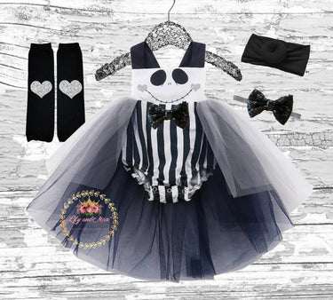 Girls Skeleton Romper: Halloween Costume with Sequin Bow