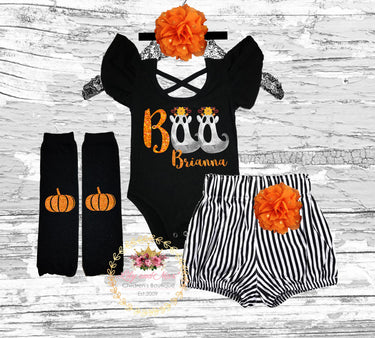 Baby Girls' First Halloween Outfit: Ghost Boo Leotard & Striped Shorts