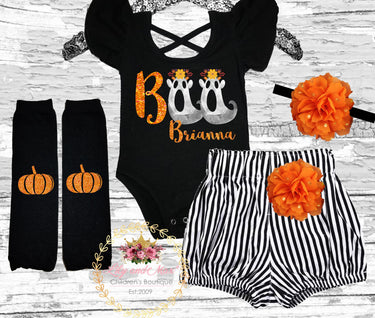 Baby Girls' First Halloween Outfit: Ghost Boo Leotard & Striped Shorts