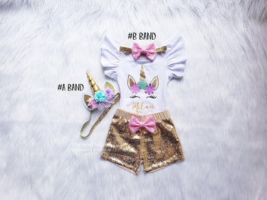 Unicorn Birthday Outfit: Gold Sequin Shorts, Leotard & Headband