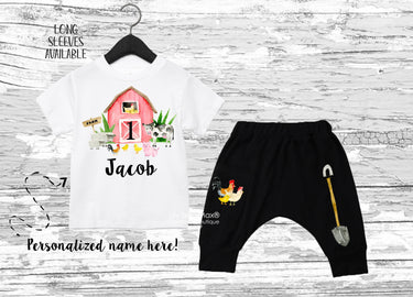 Farm Animals Birthday Outfit: Personalized Bodysuit & Harem Pants Set