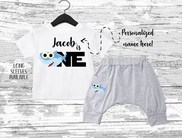 Shark 1st Birthday Outfit: Personalized Bodysuit & Harem Pants