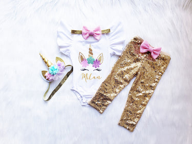 Unicorn Birthday Outfit: Sequin Pants, Leotard & Headband Set