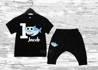 Shark 1st Birthday Outfit: Personalized Bodysuit & Harem Pants Set