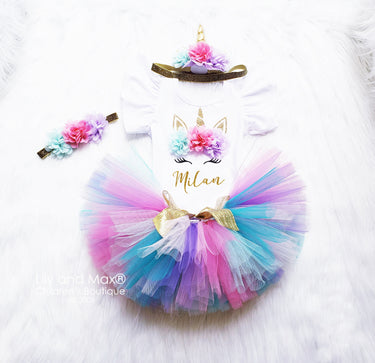 Personalized Unicorn Birthday Outfit: Rainbow Tutu, Gold Headband Set