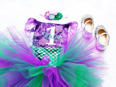 Mermaid 1st Birthday Romper Set: Glitter Shell Romper, Starfish Headband