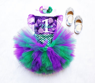 Mermaid 1st Birthday Romper Set: Glitter Shell Romper, Starfish Headband