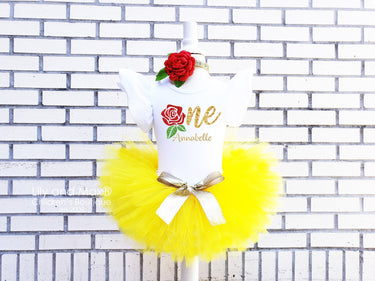 Belle 1st Birthday Outfit: Leotard, Tutu & Rose Headband