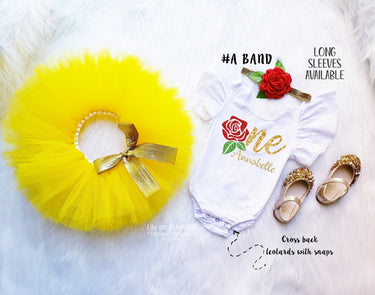 Belle 1st Birthday Outfit: Leotard, Tutu & Rose Headband