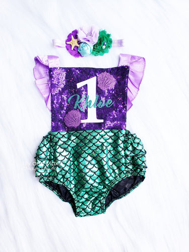 Mermaid 1st Birthday Romper Set: Glitter Shell Romper, Starfish Headband