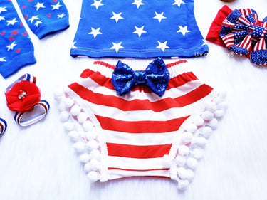 4th of July Baby Outfit: Pom Pom Short Set, Patriotic Girl Costume