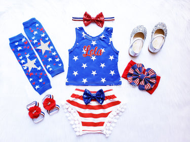 4th of July Baby Outfit: Pom Pom Short Set, Patriotic Girl Costume