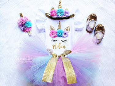 Unicorn Birthday Outfit: Rainbow Tutu, Gold Headband, Personalized Bodysuit
