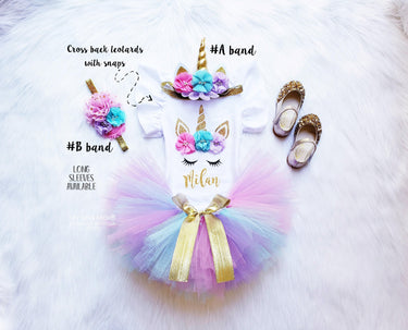 Unicorn Birthday Outfit: Rainbow Tutu, Gold Headband, Personalized Bodysuit