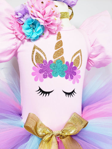 Personalized Unicorn Birthday Outfit: Pink Top, Rainbow Tutu & Headband Set