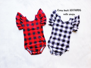 Buffalo Plaid Cross Back Leotard: Flutter Sleeve Bodysuit