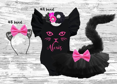 Halloween Cat Costume: Tutu Bloomer with tail Jeweled Cat Ear Headband