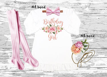 Floral Boho Birthday Girl Dress Outfit: Ruffle Dress, Headbands & Tights