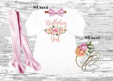 Floral Boho Birthday Girl Dress Outfit: Ruffle Dress, Headbands & Tights