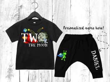 Two the Moon Birthday Outfit: Boys Outer Space Shirt & Harem Pants