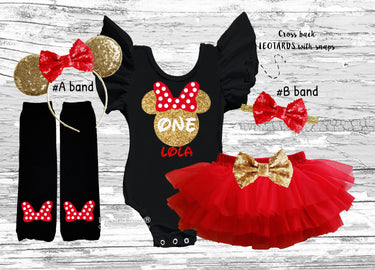 Mouse Birthday Girl Outfit: Red & Gold Leotard, Tutu, Headband