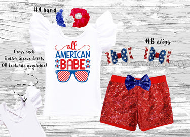 4th of July Baby Outfit: Sequin Shorts, Leotard, Headband & Bow Clips