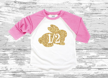 Bunny birthday raglan girls shirt, Easter pink raglan shirt, bunny one raglan, pink raglan shirt, 1/2 birthday raglan pink and gold shirt
