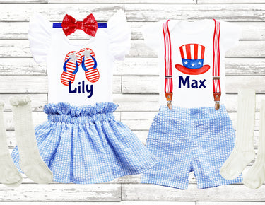 Personalized 4th of July Seersucker Outfit: Patriotic Baby Set