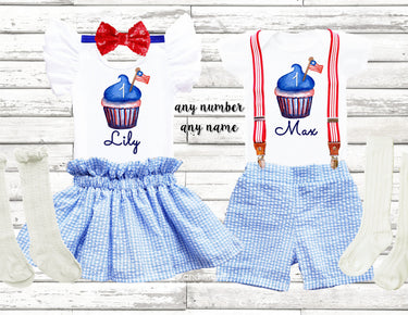 Seersucker 1st Birthday Outfit: Patriotic Cupcake, Personalized