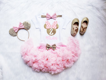 Mouse Birthday Girl Outfit: Pink & Gold Leotard, Pettiskirt Set