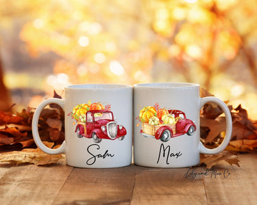 Personalized Fall Mug Set, Red Pumpkin Truck, Boho Gift