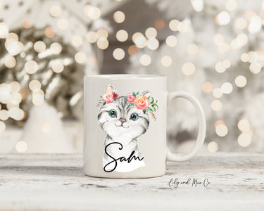 Personalized Cat Mug, Kitty Floral Crown, Ceramic Coffee Mug