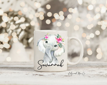 Personalized Elephant Mug, Floral Ceramic Coffee Cup, Christmas Gift