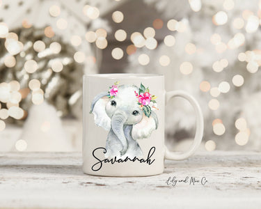 Personalized Elephant Mug, Floral Ceramic Coffee Cup, Christmas Gift