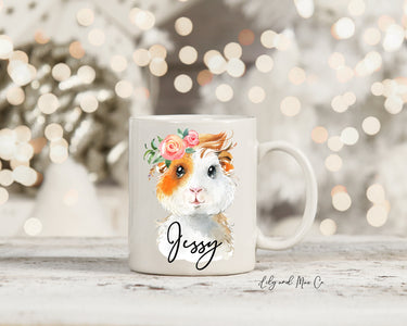 Personalized Guinea Pig Ceramic Mug, Floral Crown, Christmas Gift