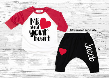 Mr. Steal Your Heart Valentine Outfit, Red Raglan Shirt boy Pants