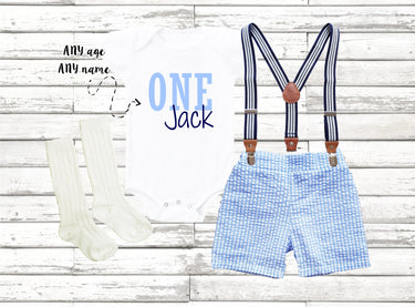1st Birthday Boy ONE Outfit: Blue Seersucker Shorts, Suspenders & Bodysuit