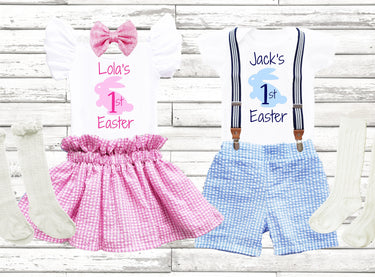 Personalized Bunny 1st Easter Seersucker Outfit