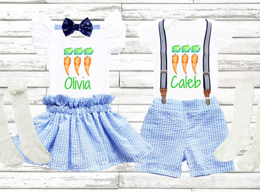 Personalized Seersucker Easter Outfit: Bunny Carrot Twins Set