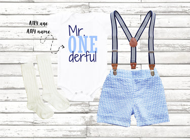 Mr. ONEderful 1st Birthday Outfit: Seersucker Shorts & Suspenders Set