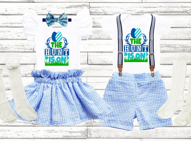 Bunny twins seersucker outfit- The hunt is on